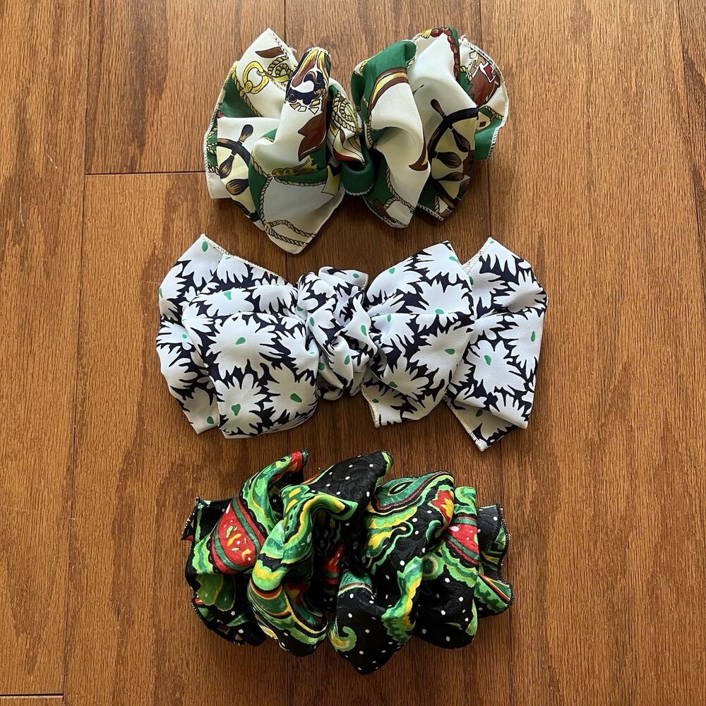 Vintage 80s 90s Hair Bow Lot 3 Ruffled Big Barrettes Preppy Cottagecore Floral - Picture 1 of 10